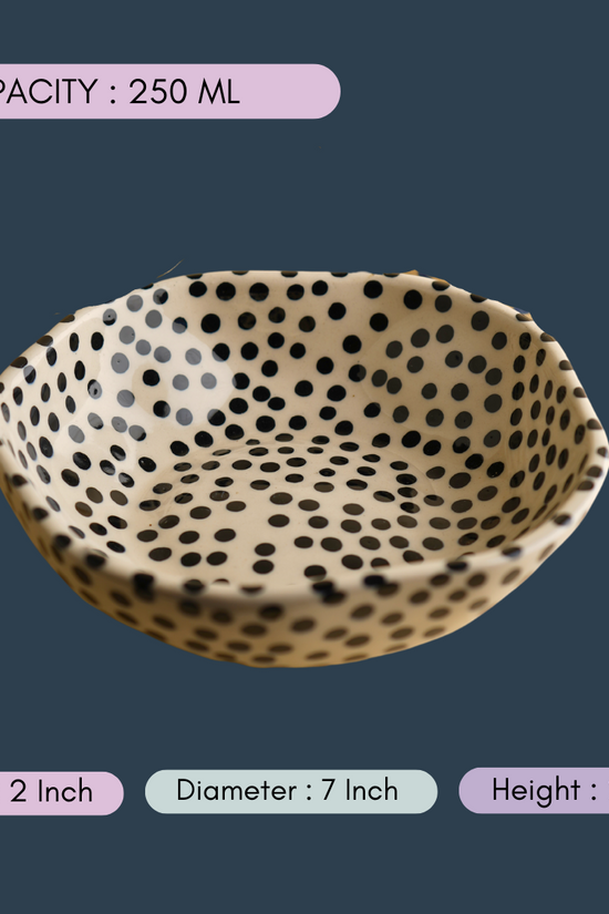 handmade black polka bowl with measurement