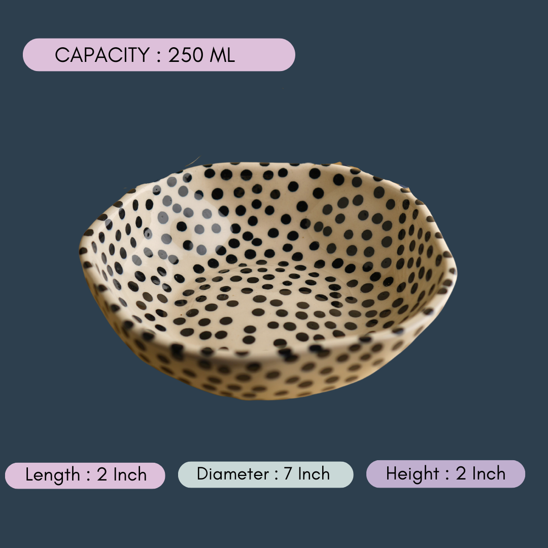 handmade black polka bowl with measurement