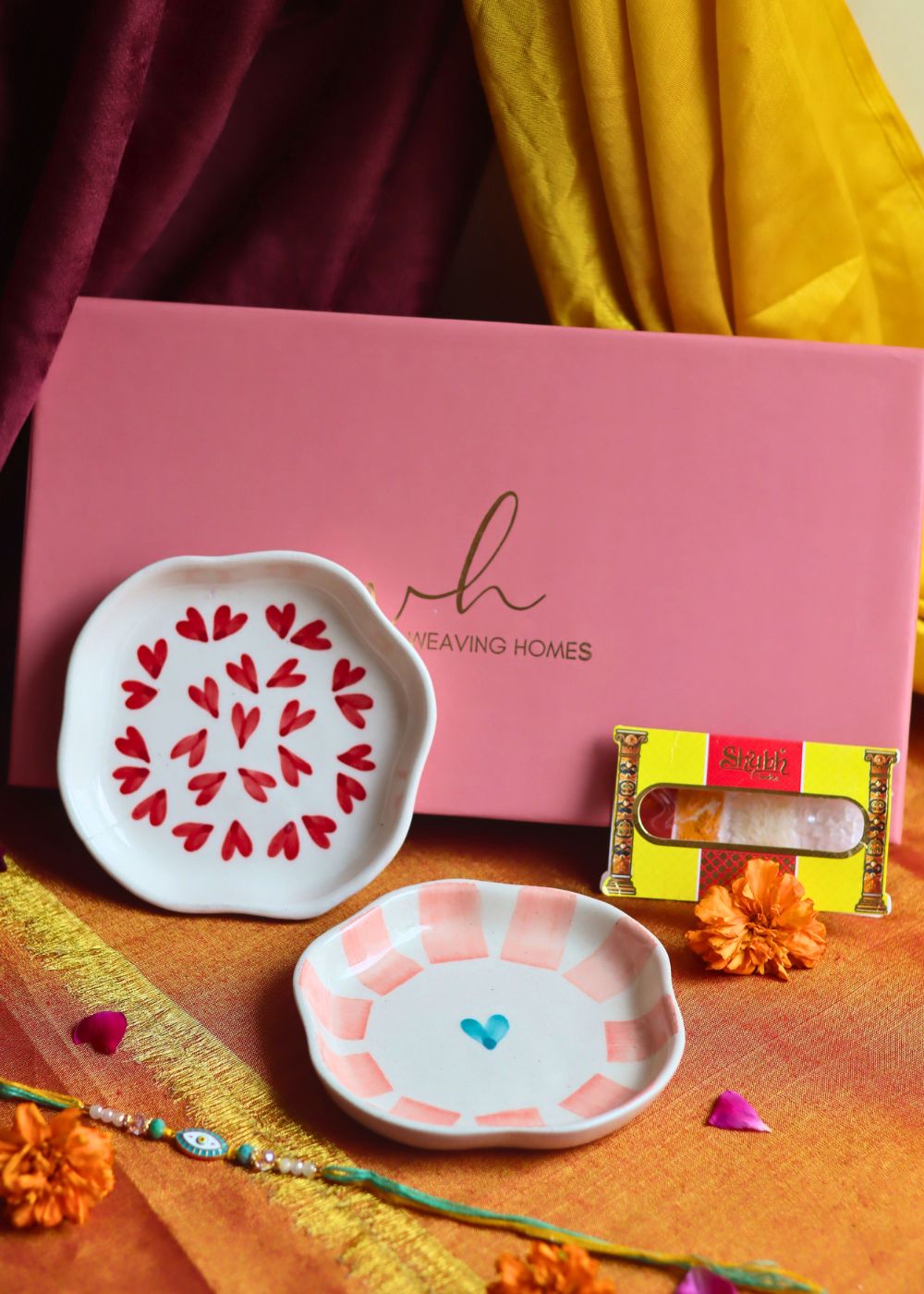 Heart & Striped Heart Handmade Dessert plate Rakhi Gift box with premium quality material