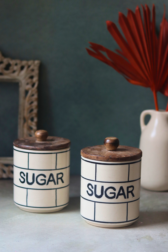 White & black handmade ceramic checkered sugar jars