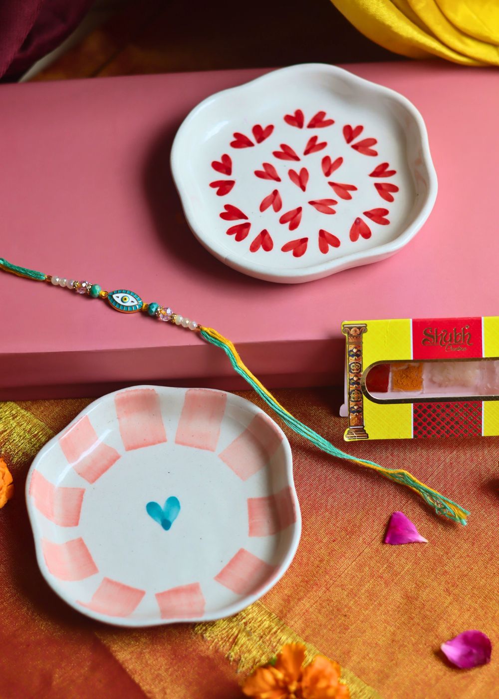 Heart & Striped Heart Handmade Dessert plate Rakhi Gift box handmade in India