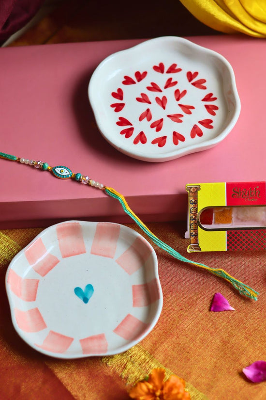 Heart & Striped Heart Handmade Dessert plate Rakhi Gift box handmade in India