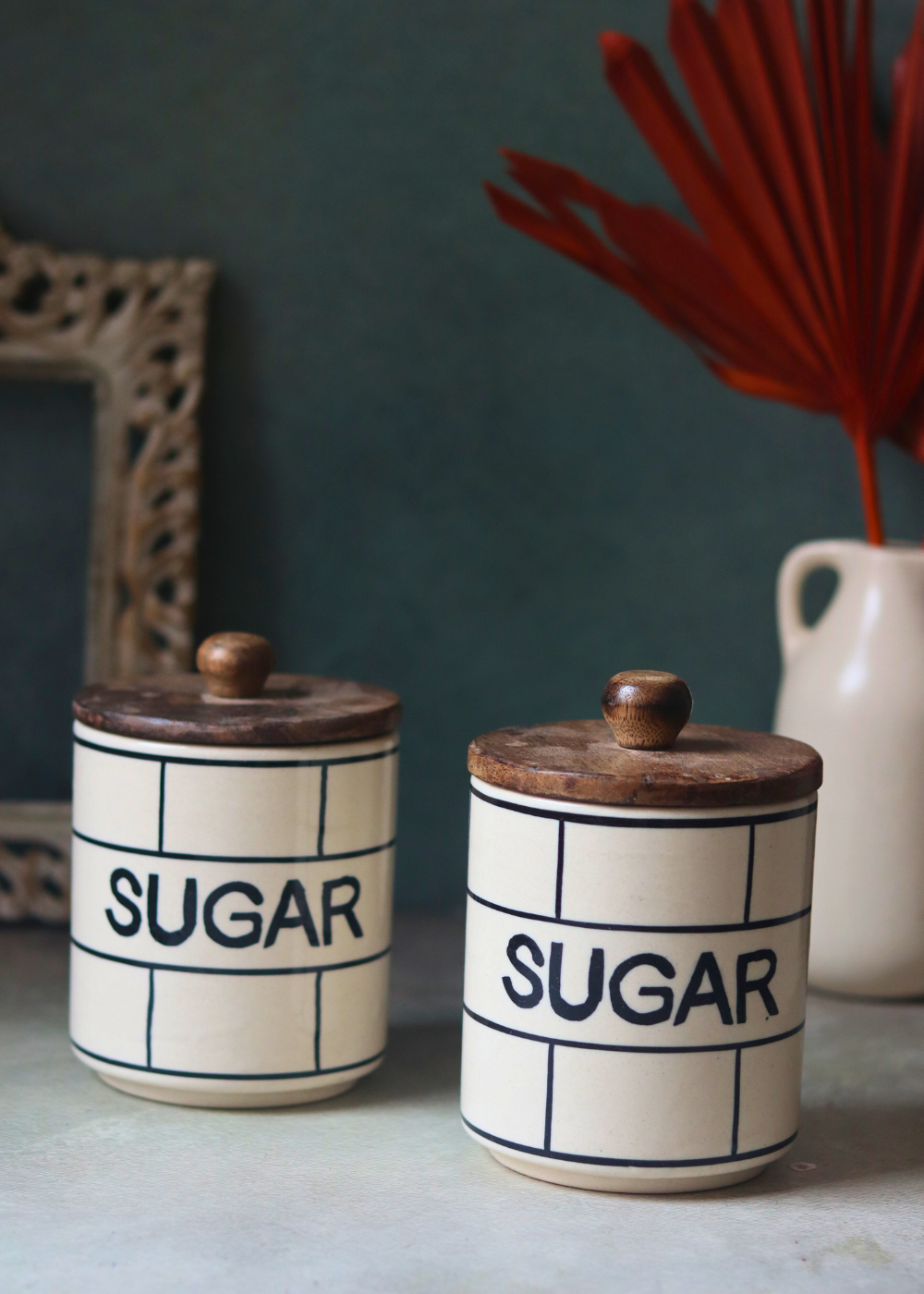 Handmade ceramic sugar jars with wooden lid