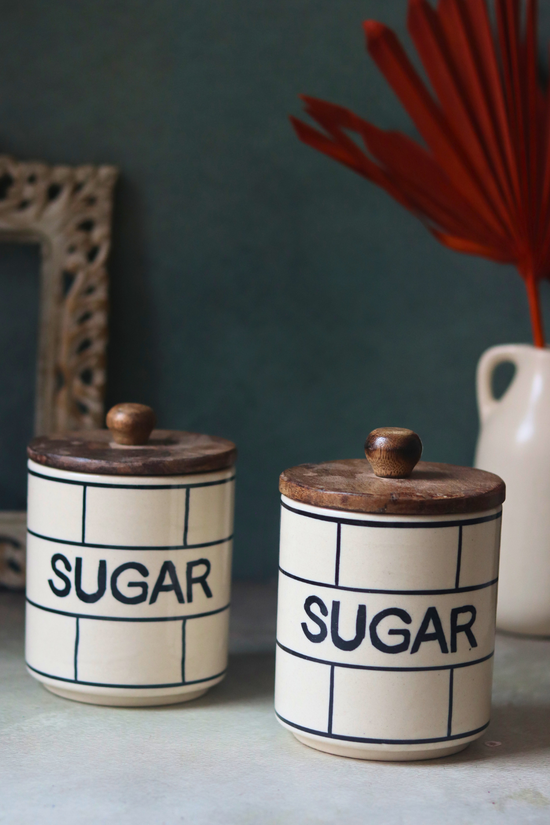 Handmade ceramic sugar jars with wooden lid