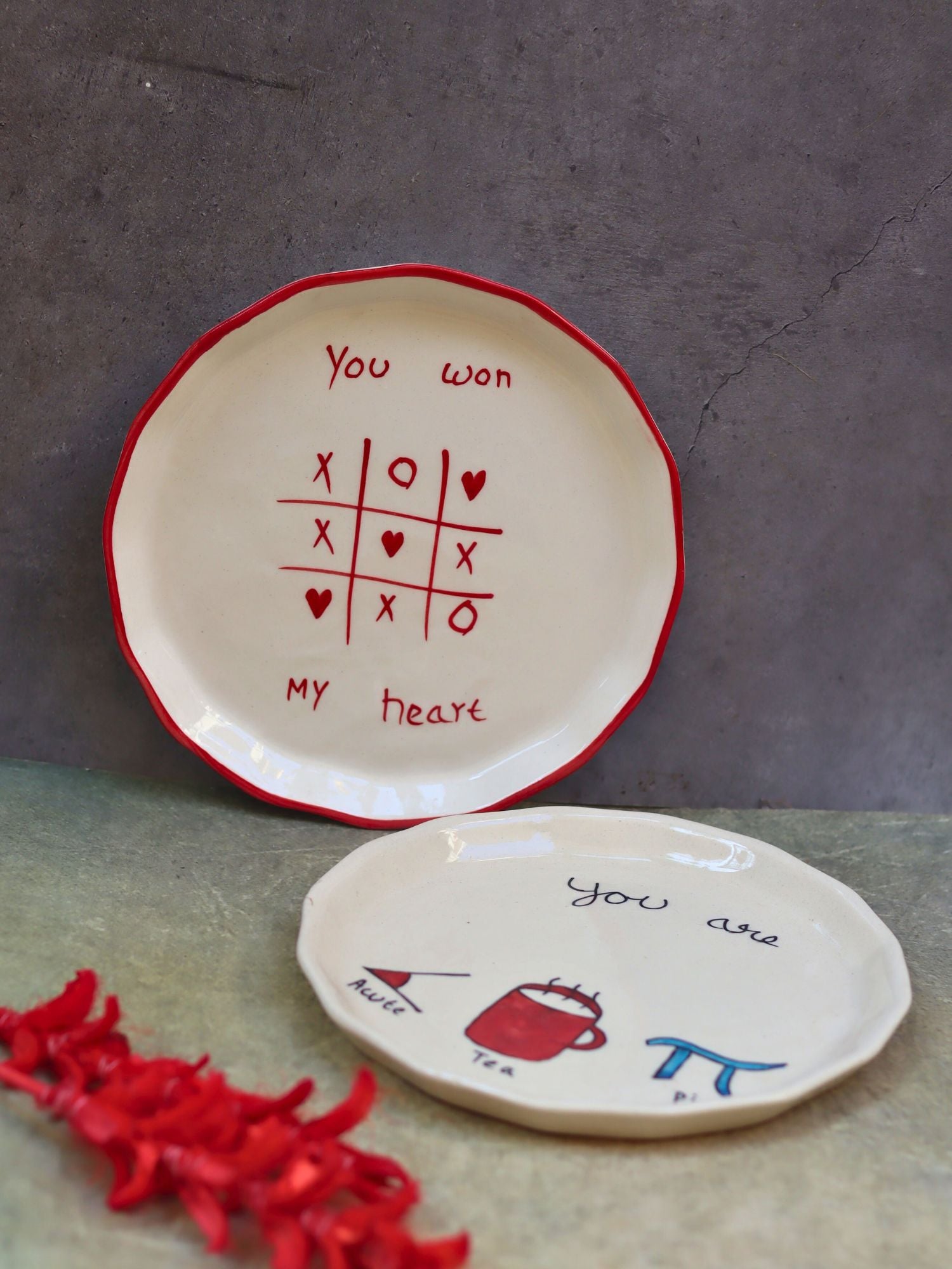 Set of 2 - You won my Heart & Cutie pie plates combo handmade in India