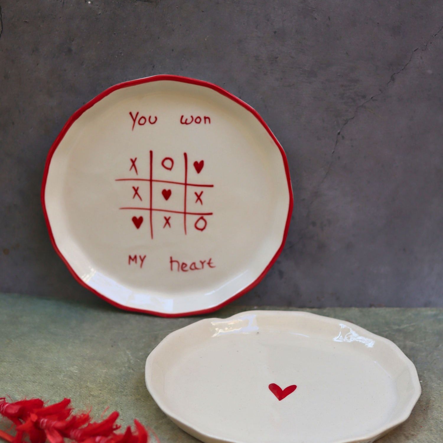 Handmade Set of 2 - Heart & You won my heart plates combo