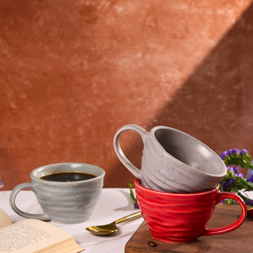 red & grey twirl coffee mug made by ceramic 