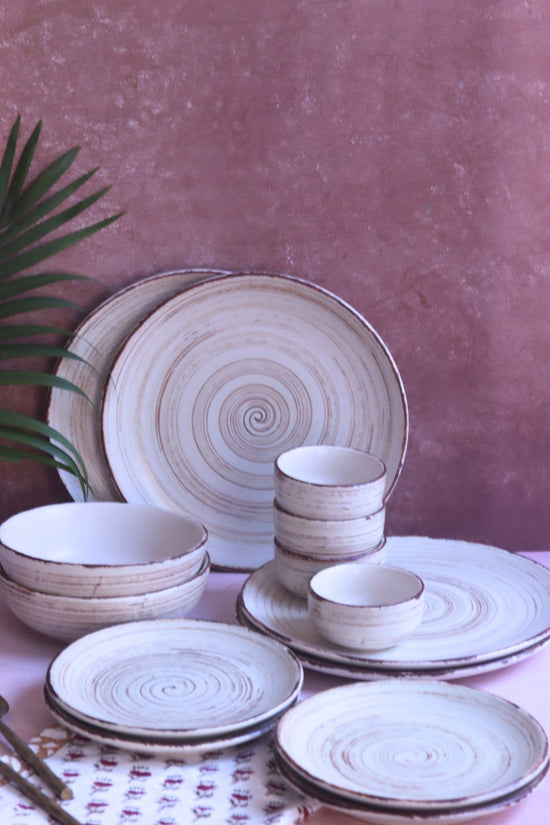 Set of 14 -  Brown & White Dinner Set handmade in India