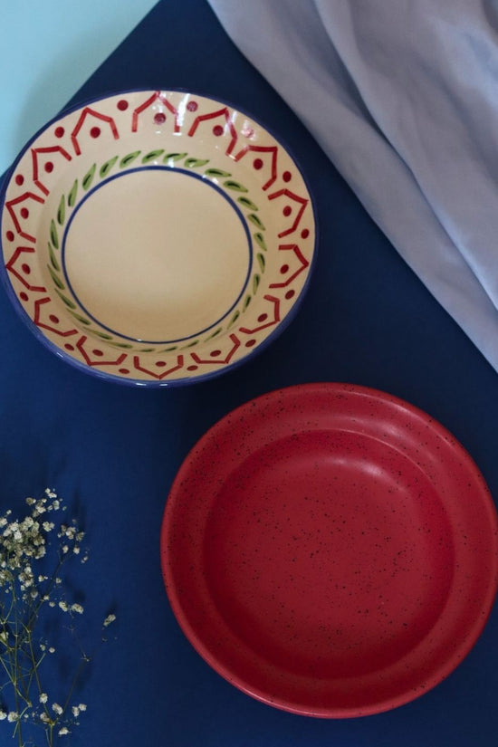 Indie & Deep Red Pasta plate handmade in india