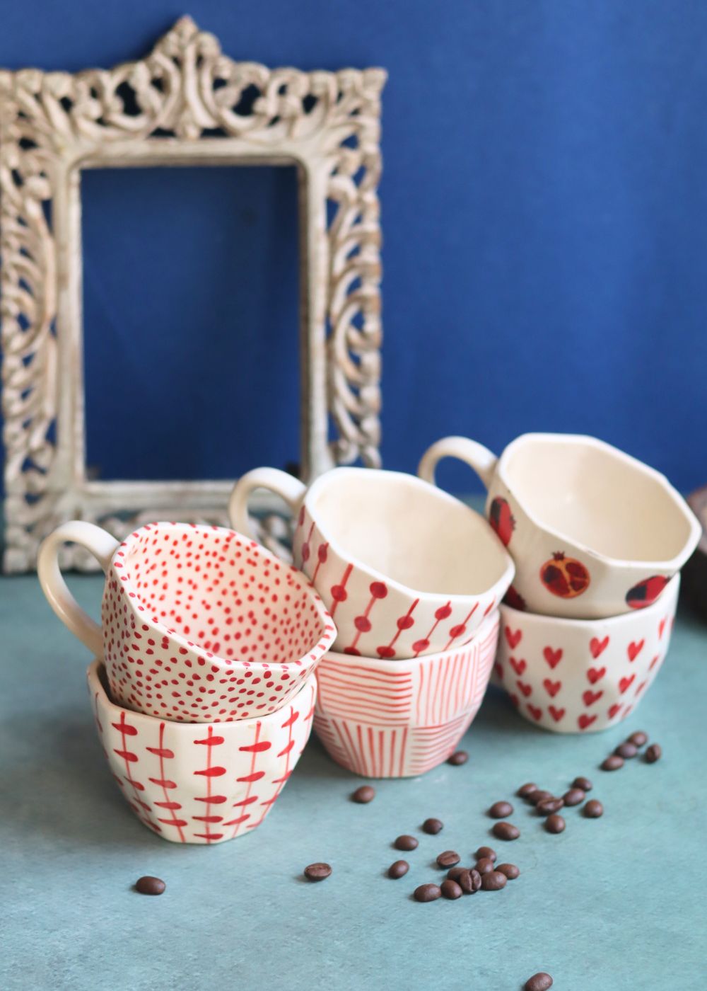 Set of 6 [Red&White] Handmade mugs (For the price of 5) handmade in India