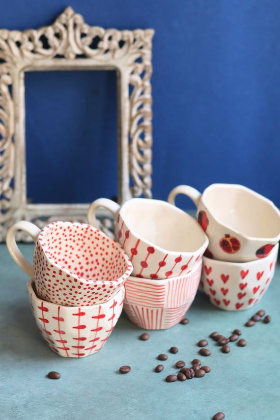 Set of 6 [Red&White] Handmade mugs (For the price of 5) handmade in India