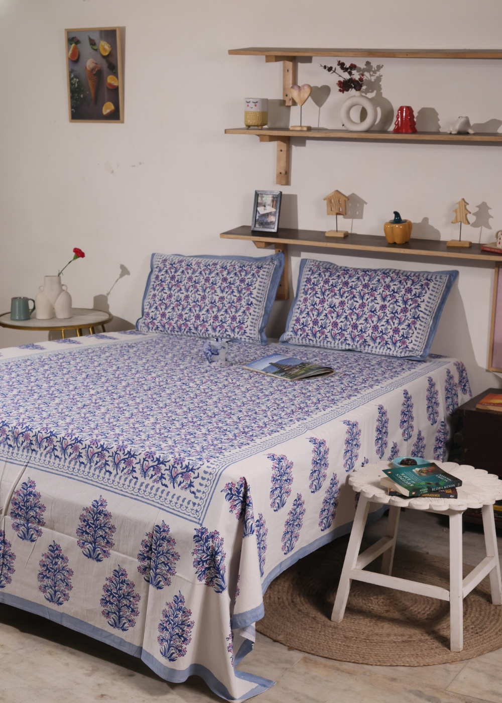 Blue & Purple Floral Block Printed Bedsheet