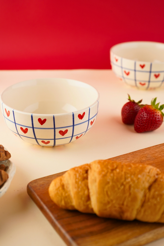 blue chequered heart bowl handmade in india 