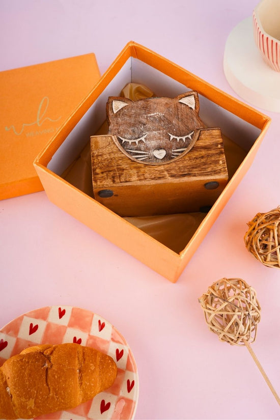 cat coaster with box made by wood