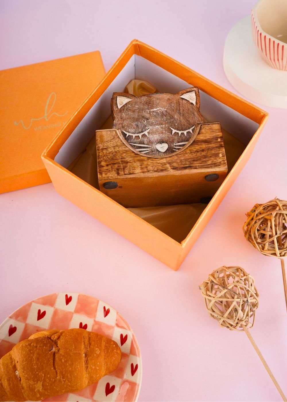 cat coaster with box made by wood