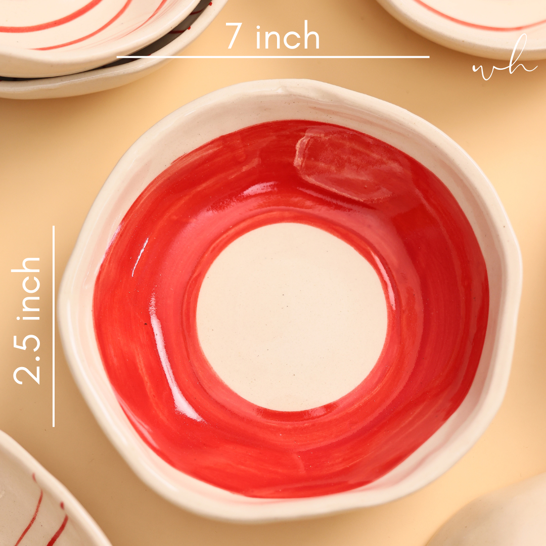 Red and white handcrafted bowl height & breadth