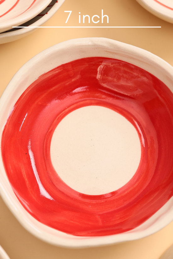 Red and white handcrafted bowl height & breadth