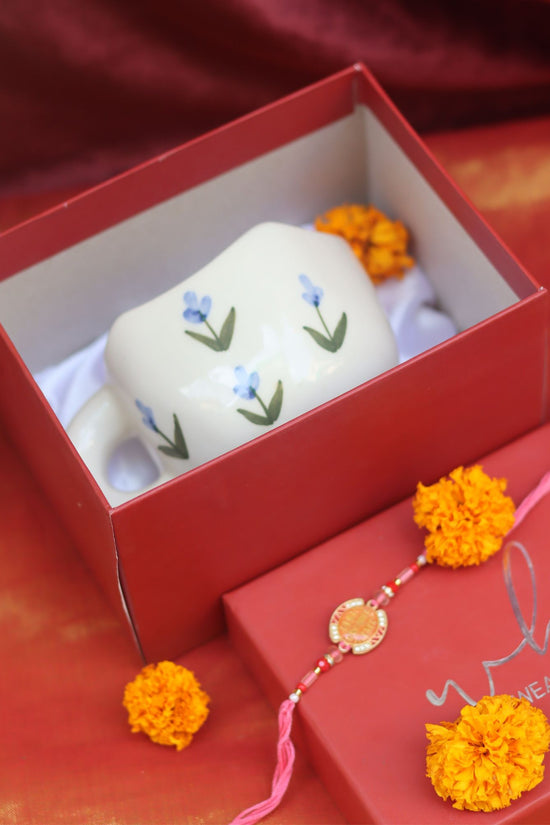 Blue tulip Mug rakhi Gift Box handmade in India