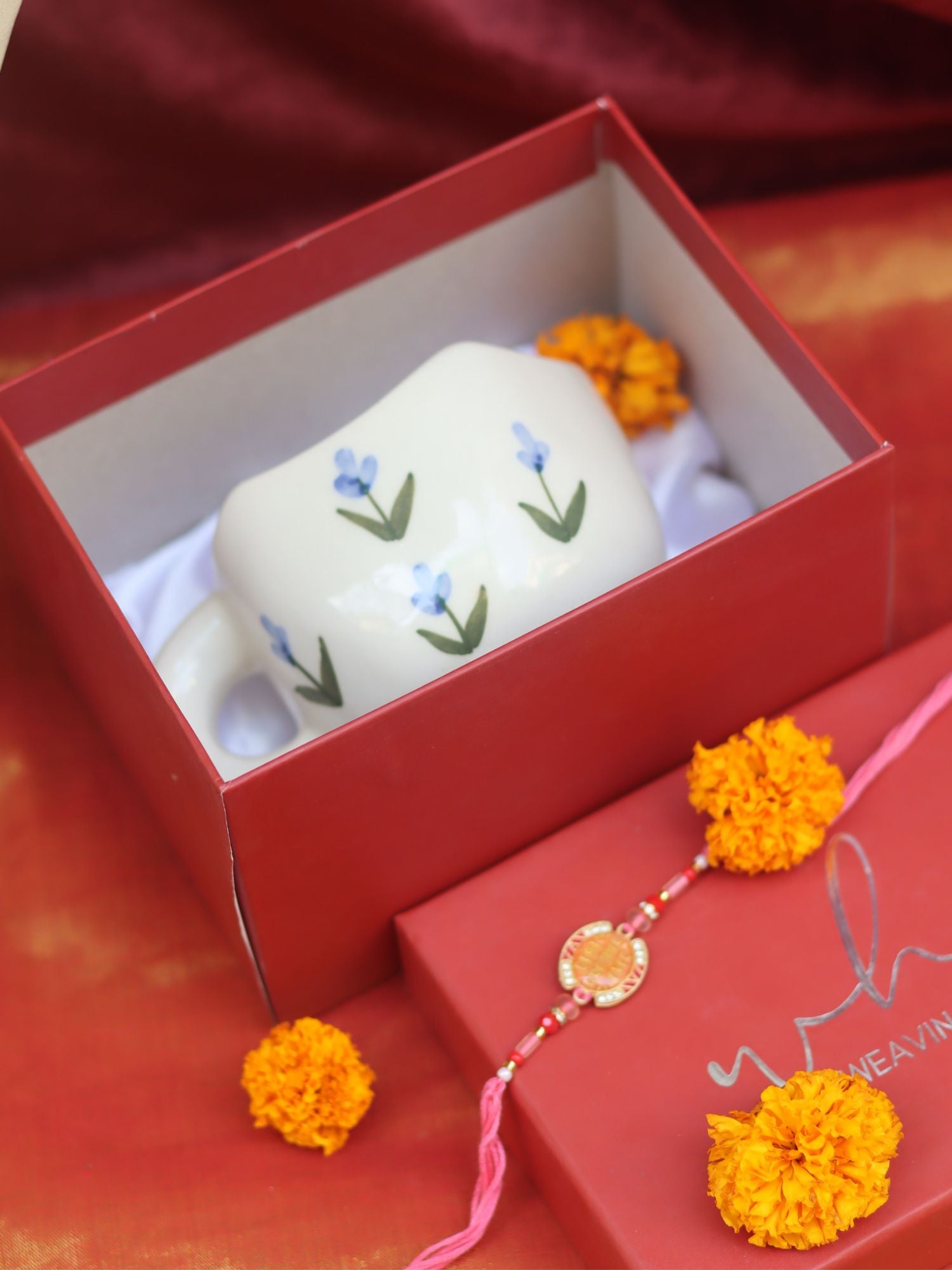 Blue tulip Mug rakhi Gift Box handmade in India