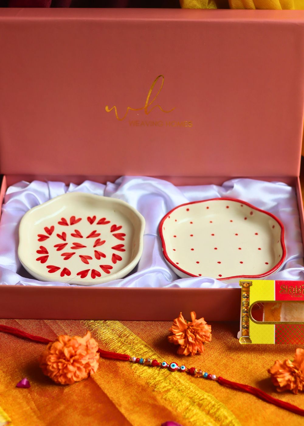 Heart & Red Polka Handmade Dessert plate Rakhi Gift box only for this raksha bandhan