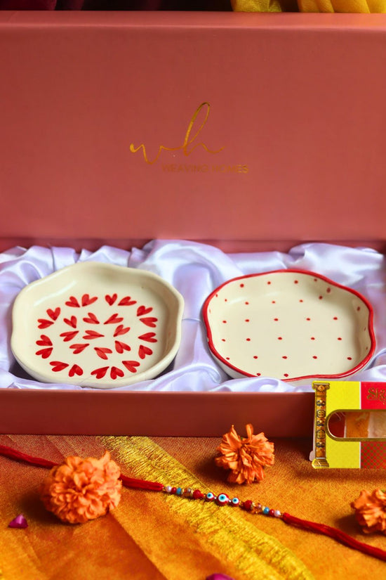 Heart & Red Polka Handmade Dessert plate Rakhi Gift box only for this raksha bandhan