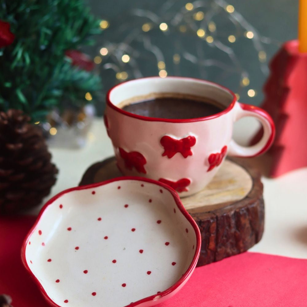 handmade Bow Mug & Red Polka Handmade Dessert Plate