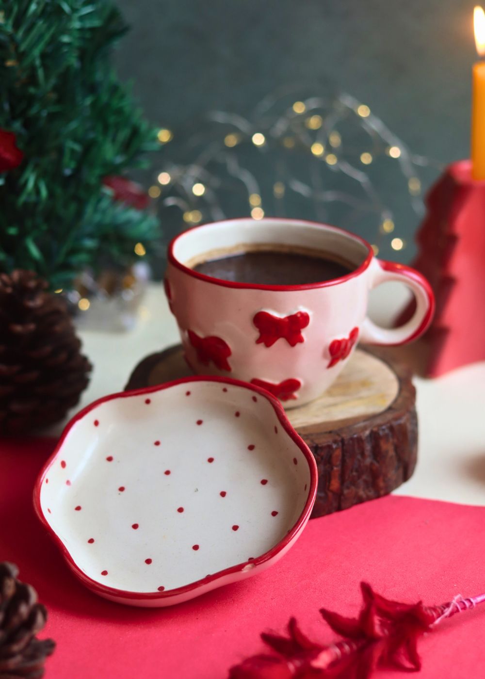 handmade Bow Mug & Red Polka Handmade Dessert Plate