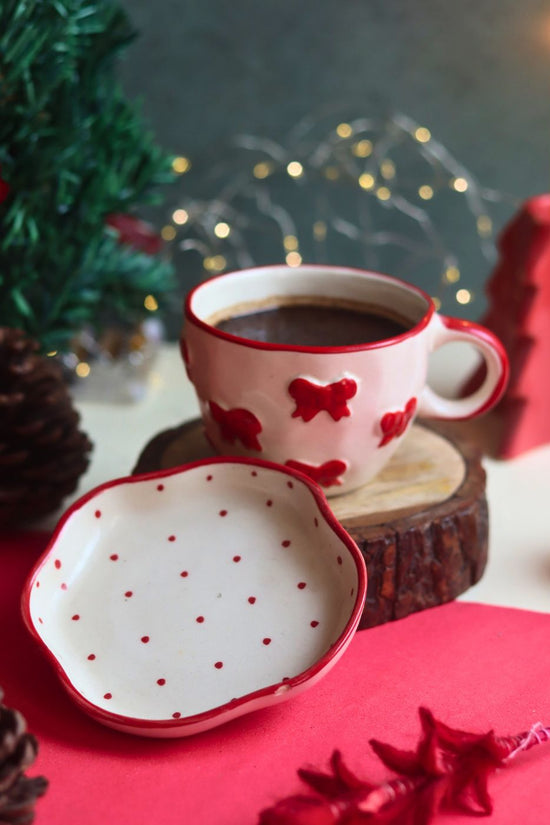 handmade Bow Mug & Red Polka Handmade Dessert Plate