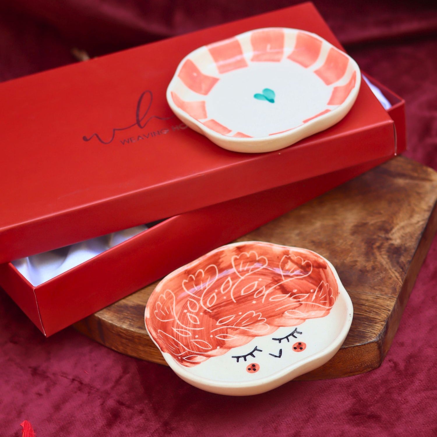Tweety & Striped heart Handmade Dessert plate in a Gift Box made by ceramic