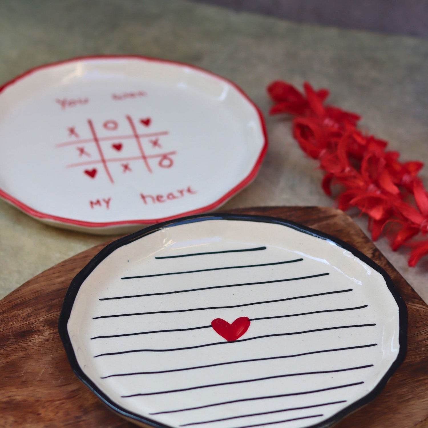 handmade Set of 2 - You won my Heart & Striped heart Snack plates combo