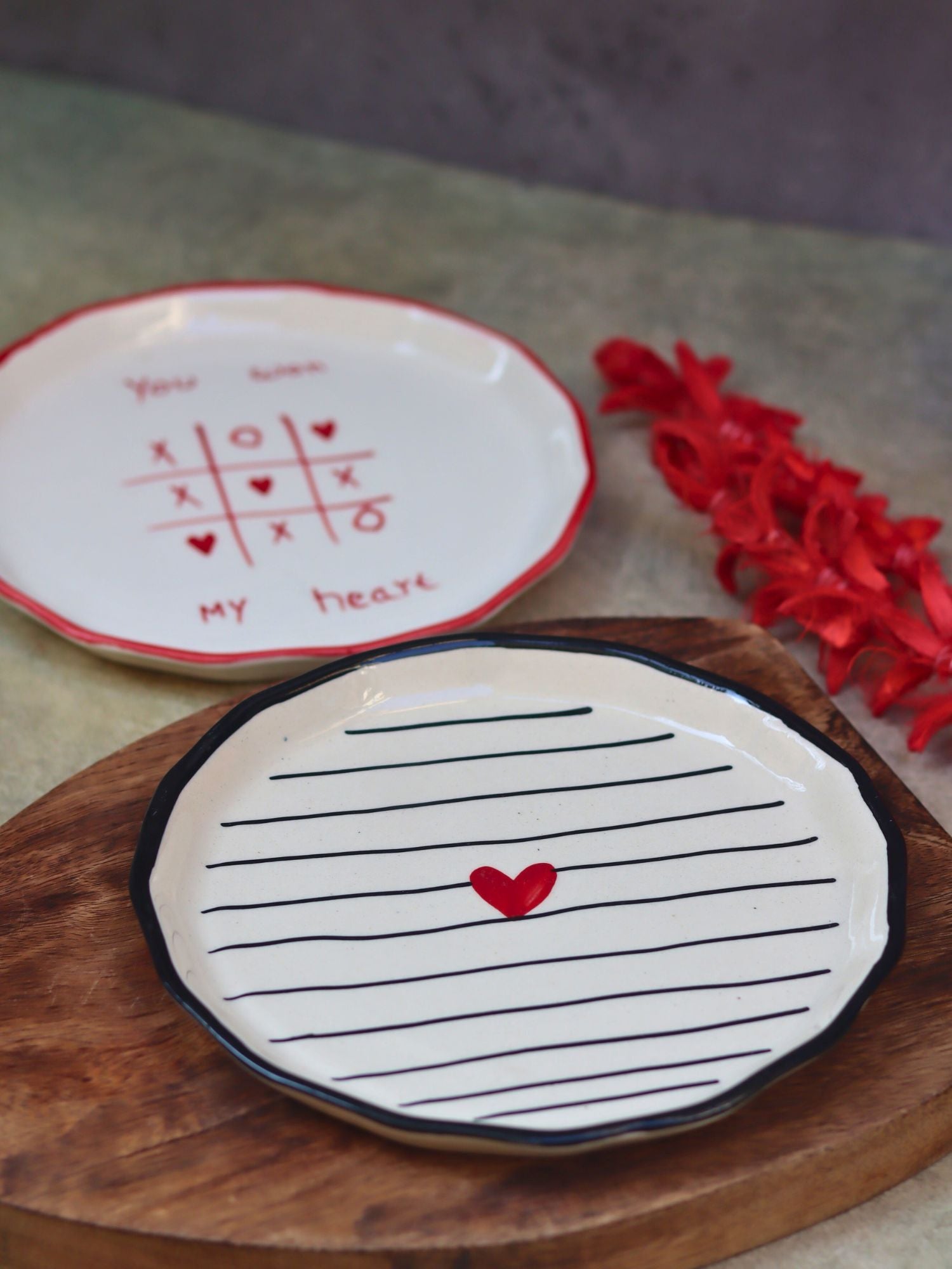 handmade Set of 2 - You won my Heart & Striped heart Snack plates combo