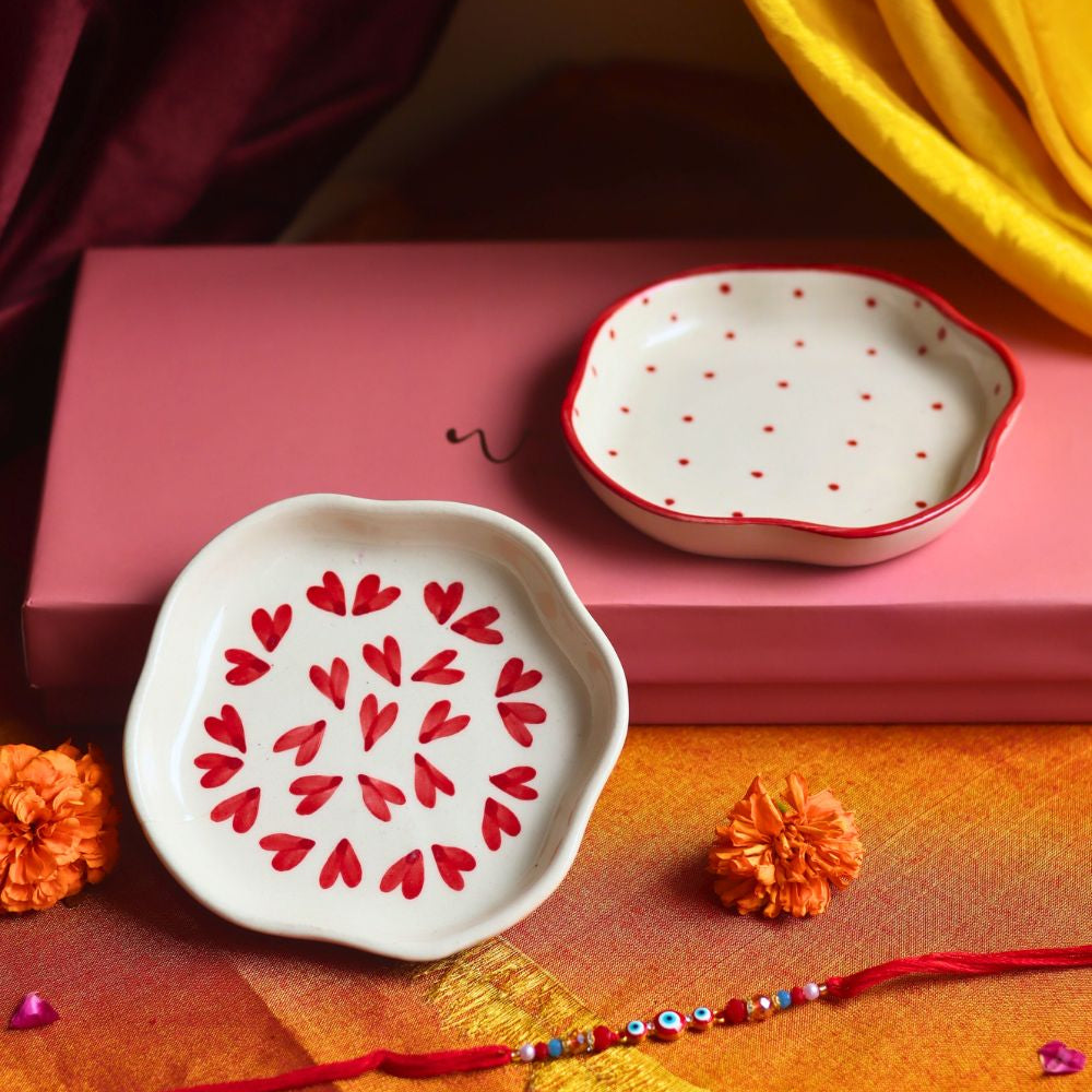 Heart & Red Polka Handmade Dessert plate Rakhi Gift box made by ceramic