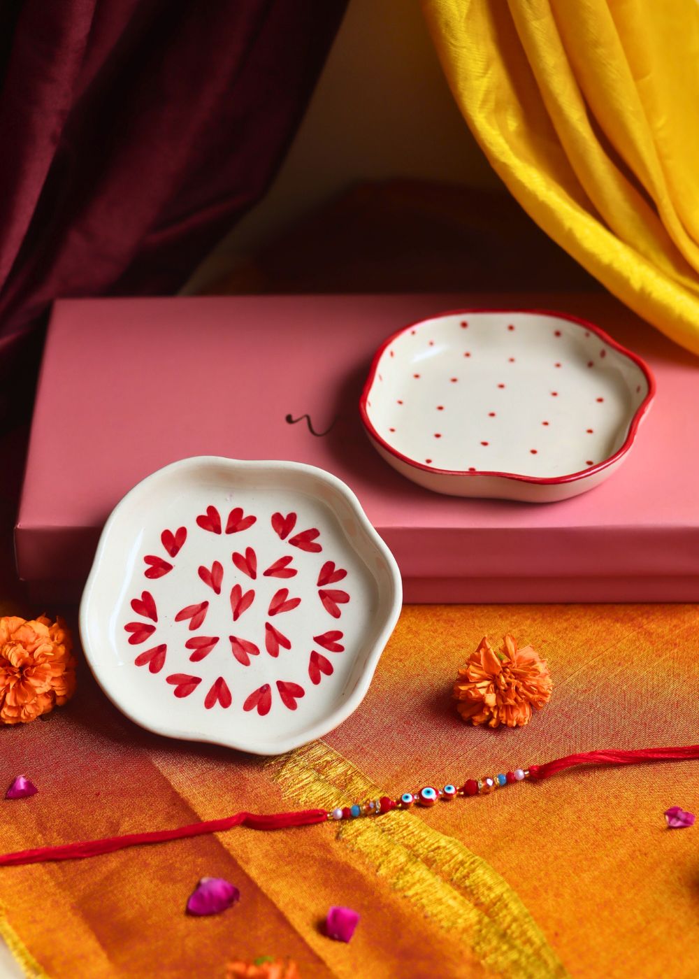 Heart & Red Polka Handmade Dessert plate Rakhi Gift box made by ceramic