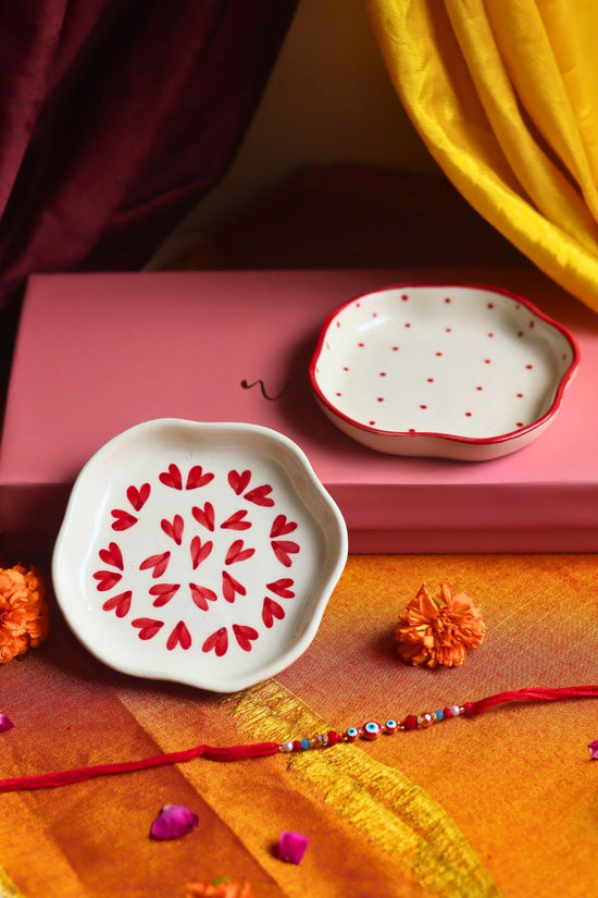 Heart & Red Polka Handmade Dessert plate Rakhi Gift box made by ceramic