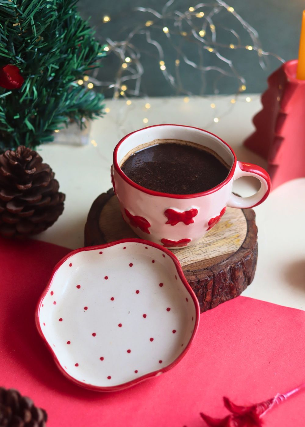 Bow Mug & Red Polka Handmade Dessert Plate with premium quality material