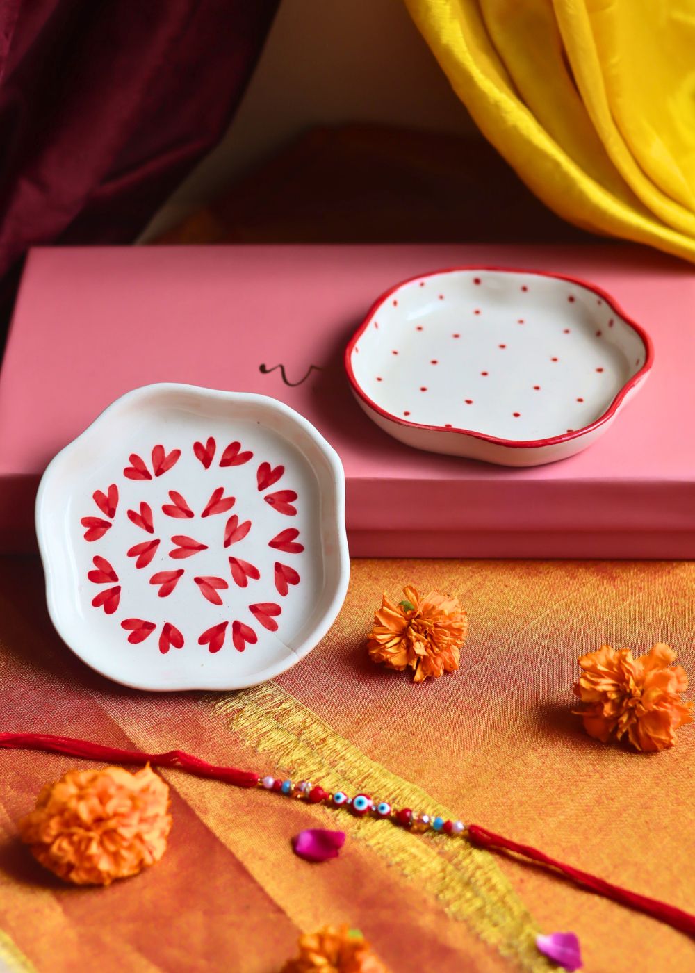Heart & Red Polka Handmade Dessert plate Rakhi Gift box made with premium quality material