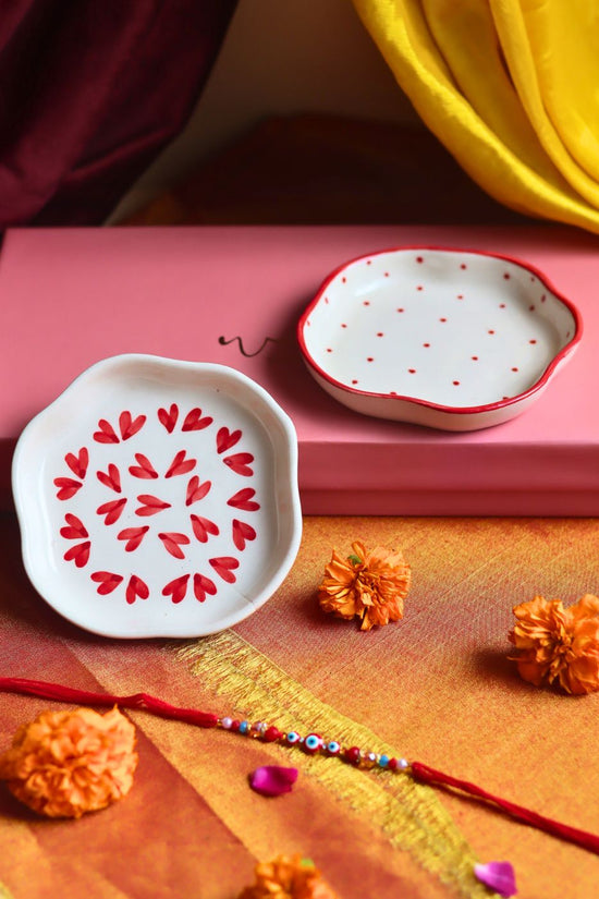 Heart & Red Polka Handmade Dessert plate Rakhi Gift box made with premium quality material