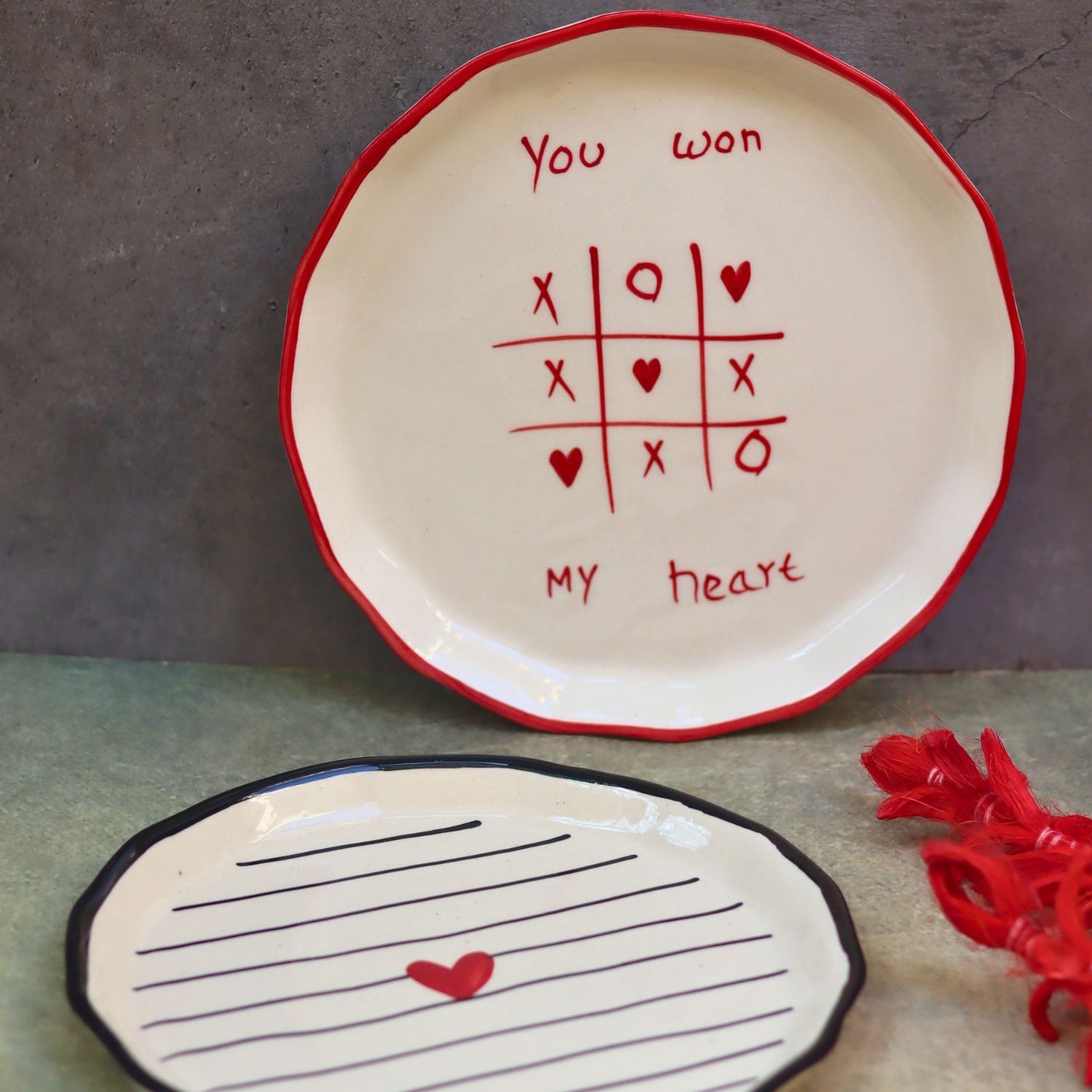 Set of 2 - You won my Heart & Striped heart Snack plates combo made by ceramic