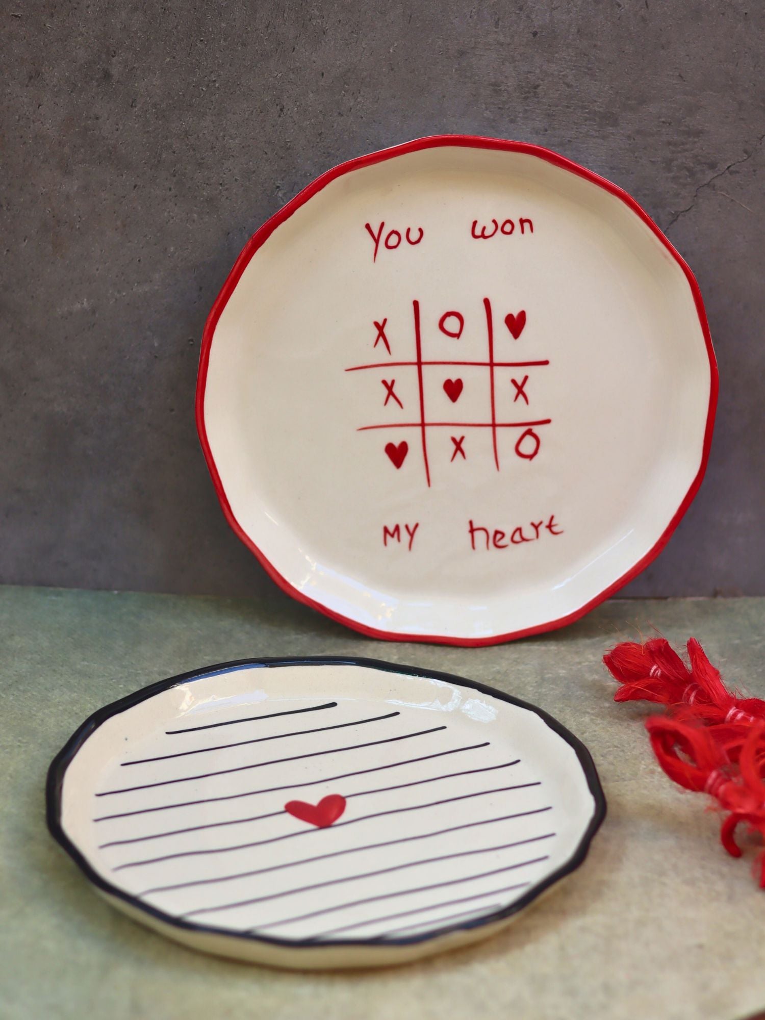 Set of 2 - You won my Heart & Striped heart Snack plates combo made by ceramic