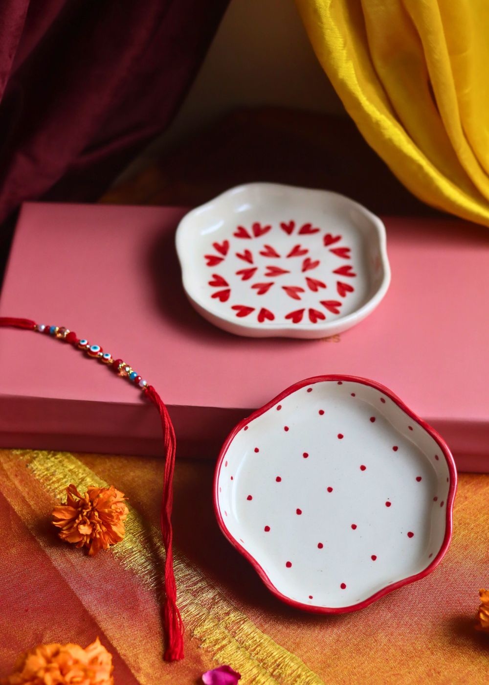 Heart & Red Polka Handmade Dessert plate Rakhi Gift box handmade in India
