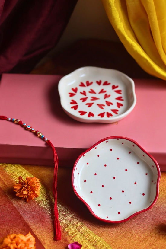 Heart & Red Polka Handmade Dessert plate Rakhi Gift box handmade in India