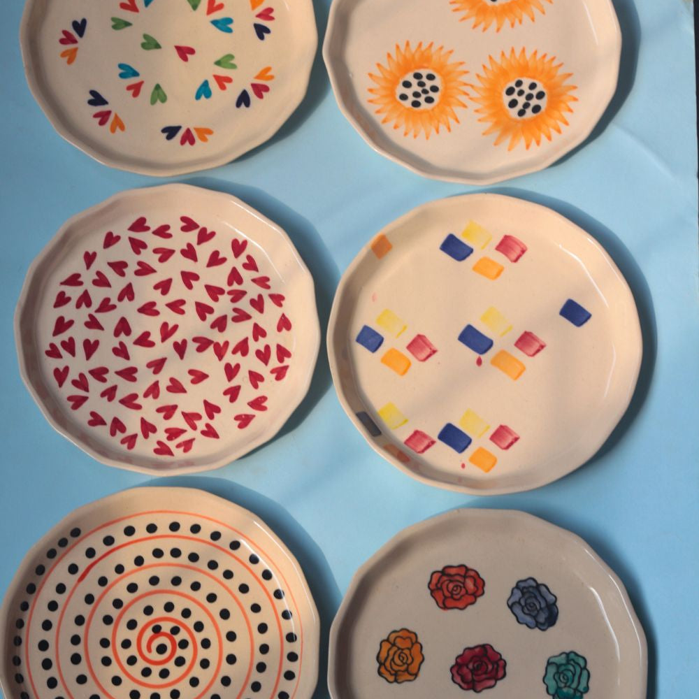 Handmade Set of 6 Heart & Floral Snack Plates (for the price of 5)