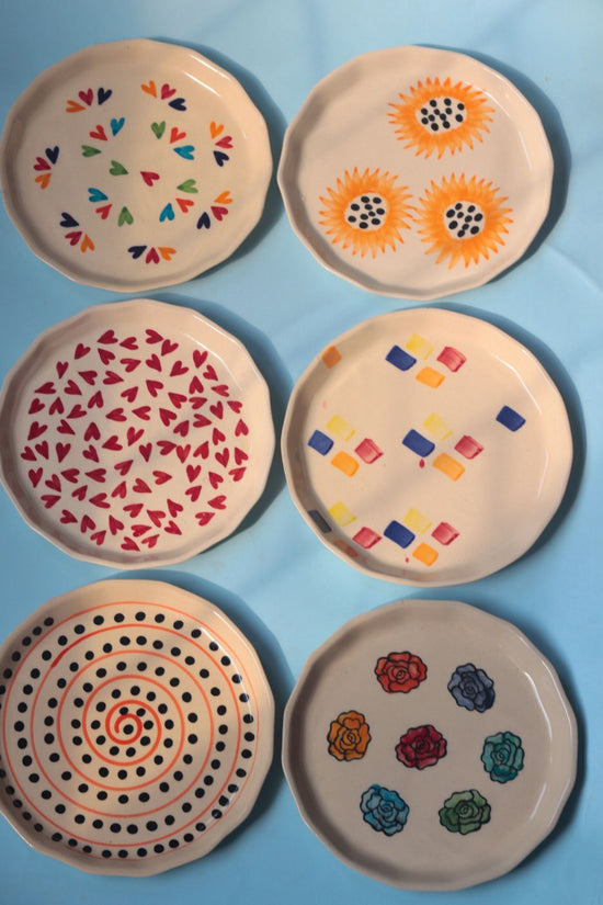 Handmade Set of 6 Heart & Floral Snack Plates (for the price of 5)