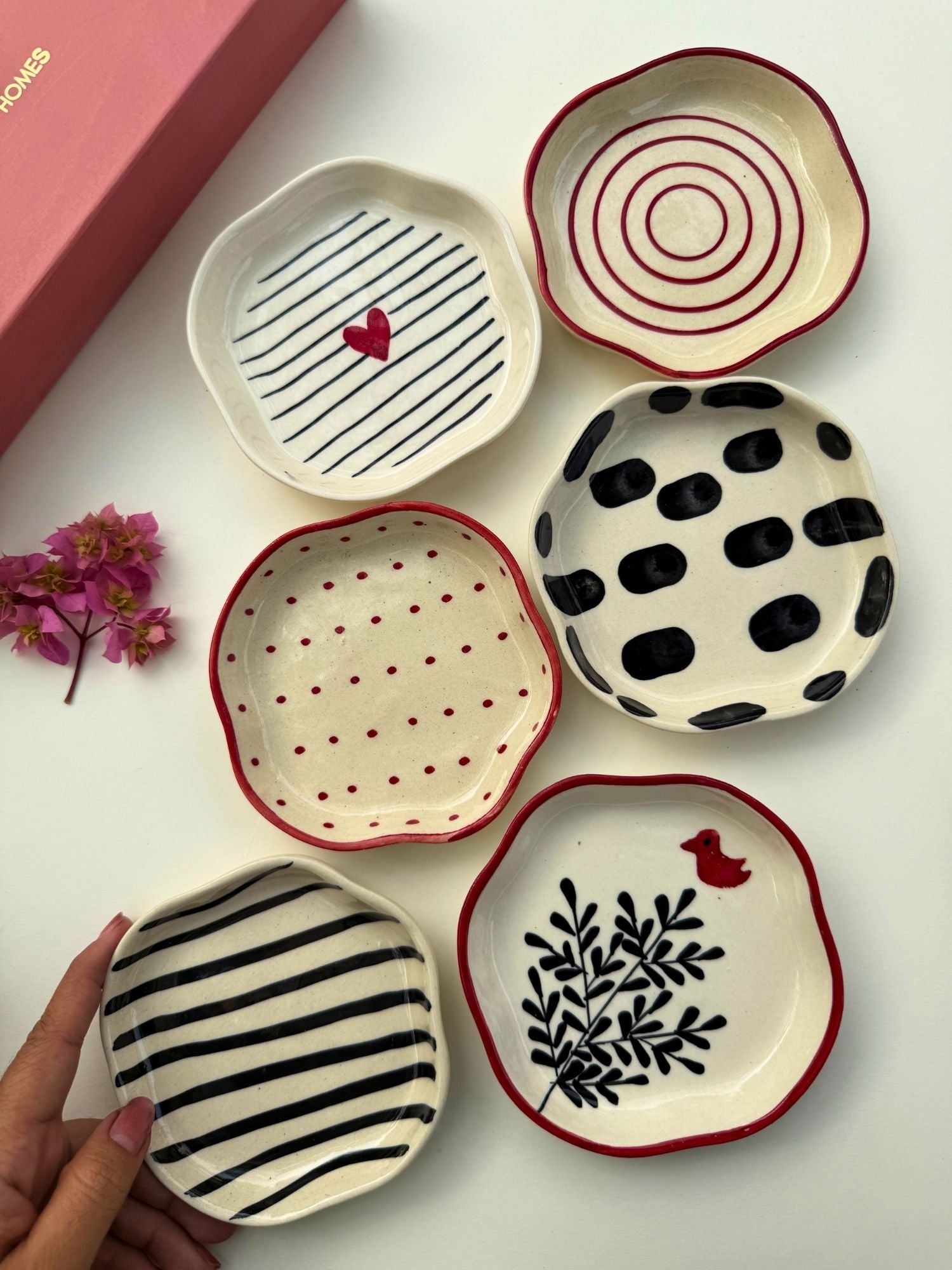 Set of 6 {red & black) handmade dessert plates (For the price of 5)