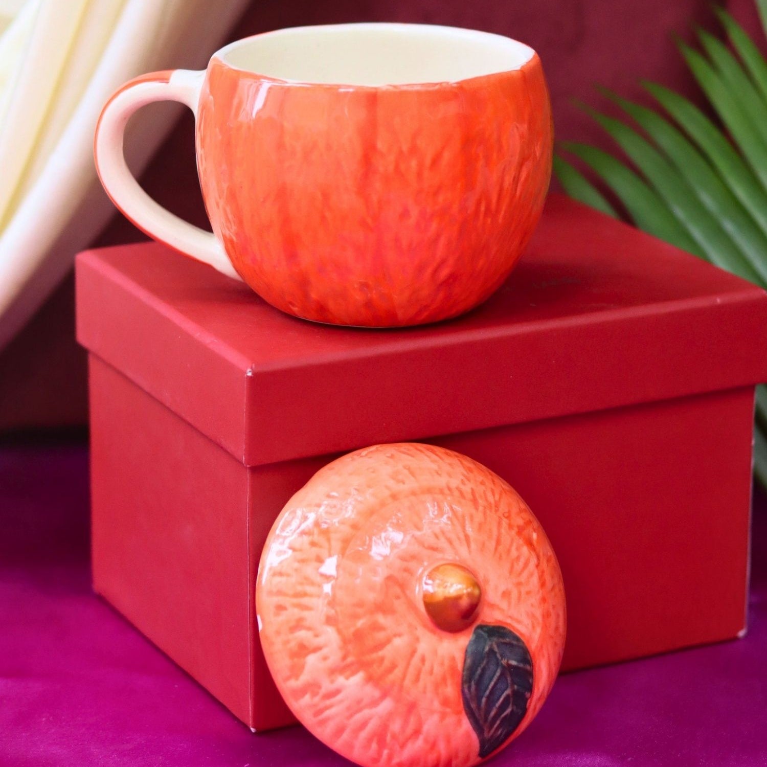 Orange Mug With Lid in a Gift Box handmade in india