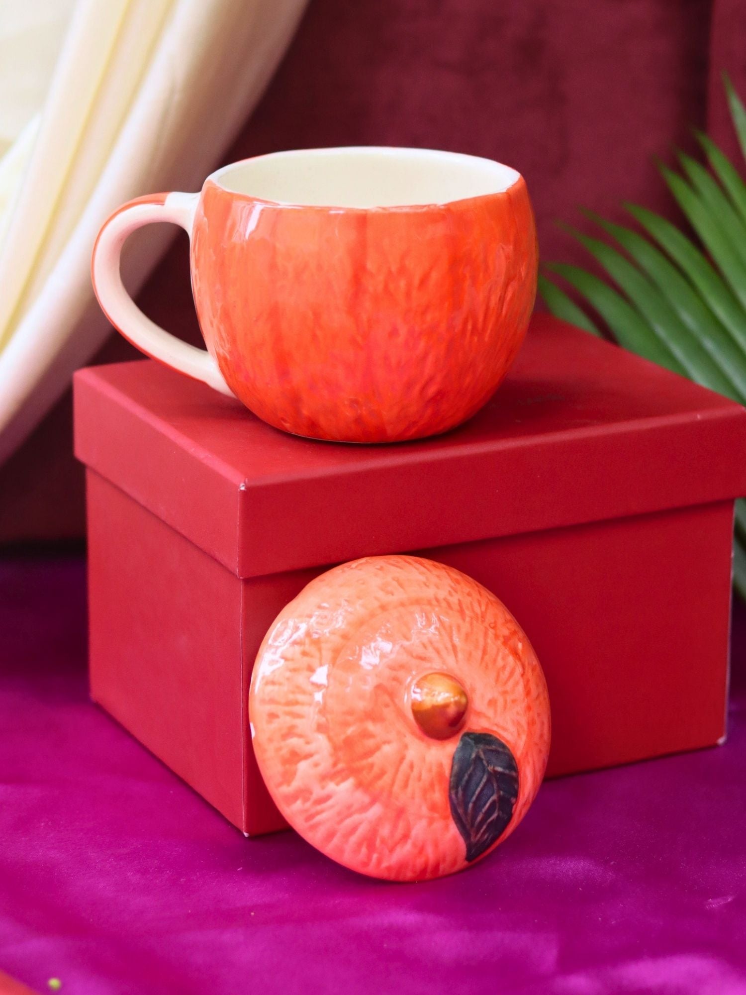 Orange Mug With Lid in a Gift Box handmade in india