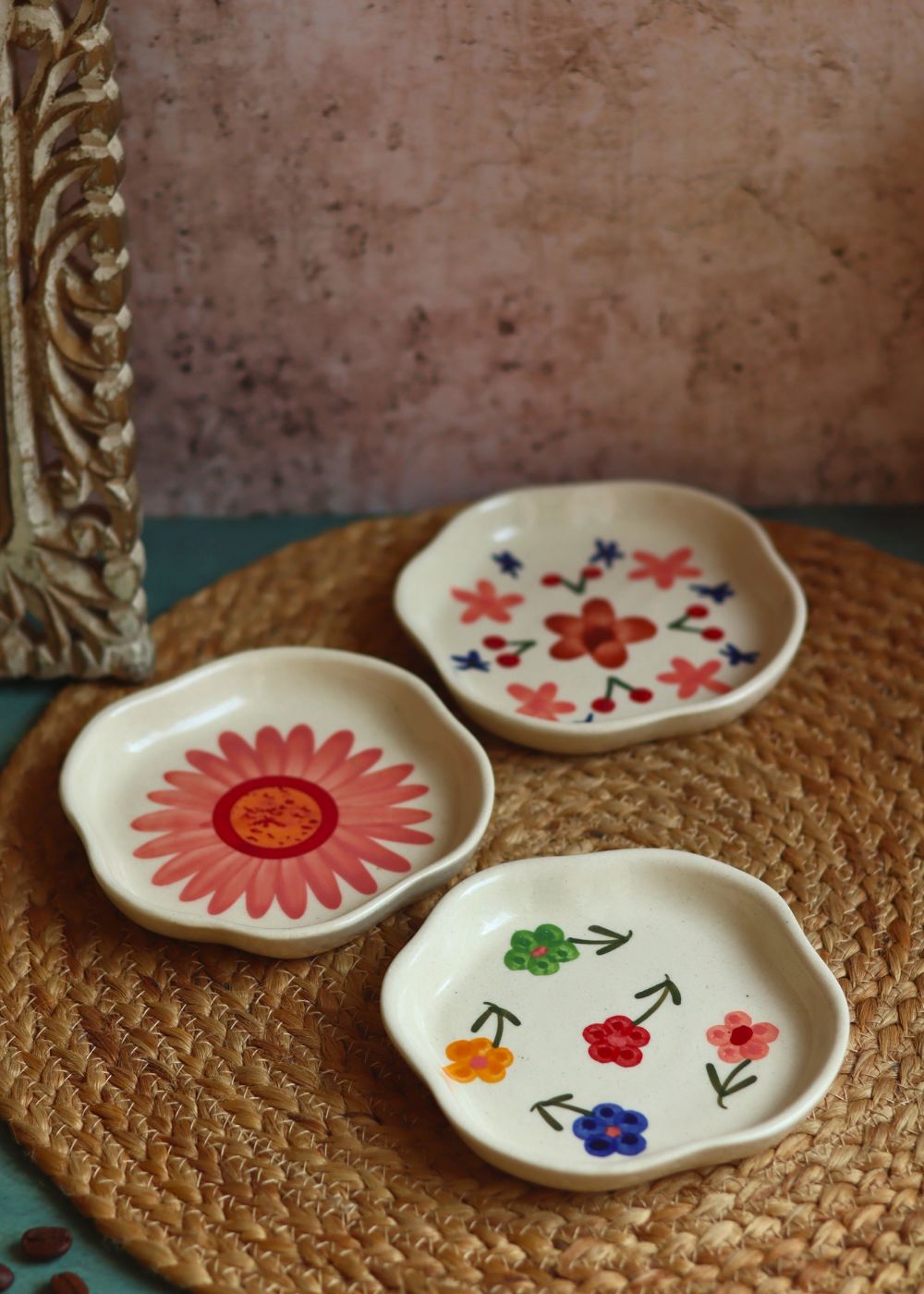 Set of 3 - Floral Fields Handmade Dessert Plates handmade in India