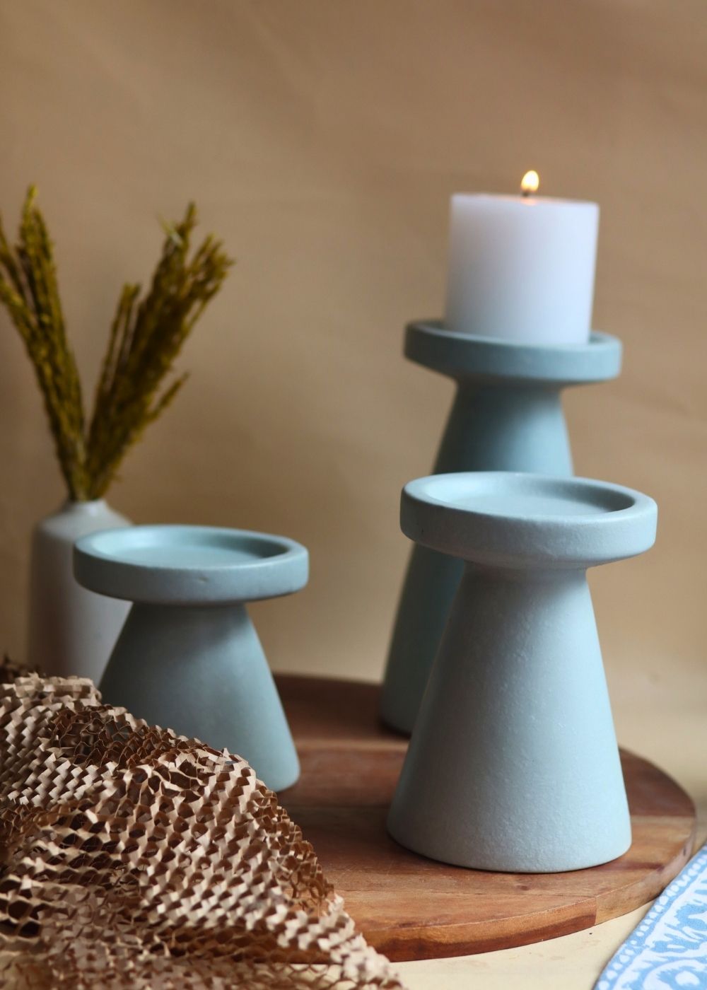 Set of 3 - Sky Blue Pillar Candle Holder made by ceramic