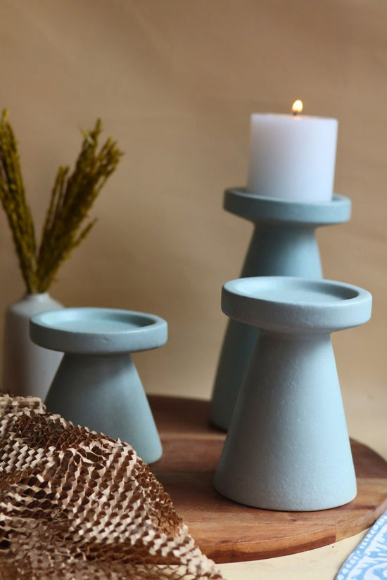 Set of 3 - Sky Blue Pillar Candle Holder made by ceramic