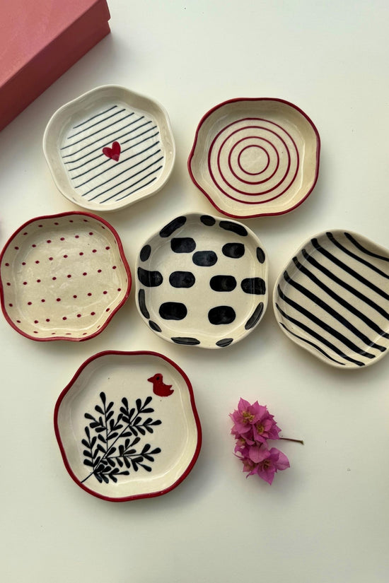 Set of 6 {red & black) handmade dessert plates (For the price of 5)